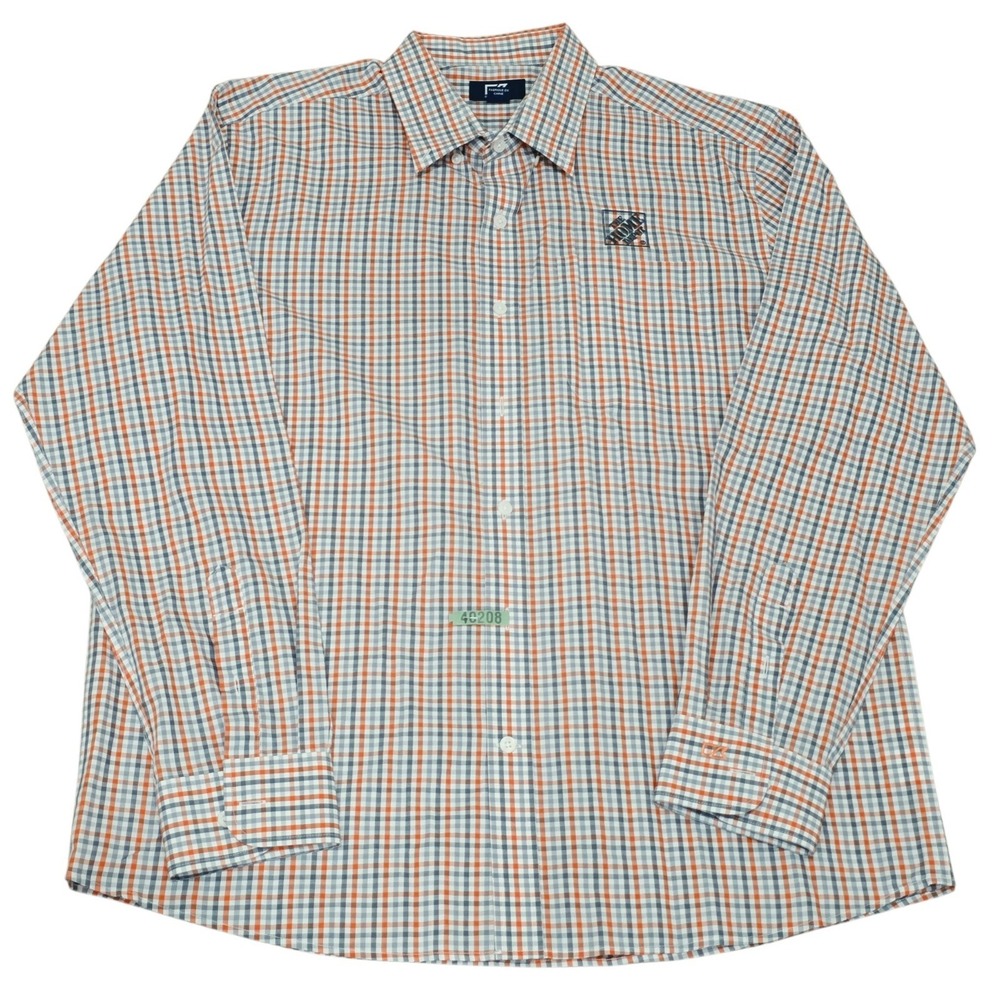 Home Depot Cutter & Buck Mens Large Plaid Button Down Shirt Orange Gray Logo